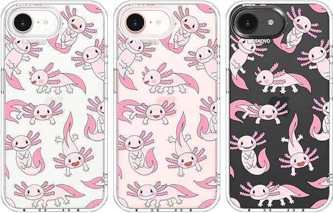 MOSNOVO for iPhone 17e Case/iPhone 16e Case, Shockproof Military-Grade Protection 6.6ft Drop Tested, Clear Phone Case for iPhone 16e / iPhone 17e, Pink Axolotl Design