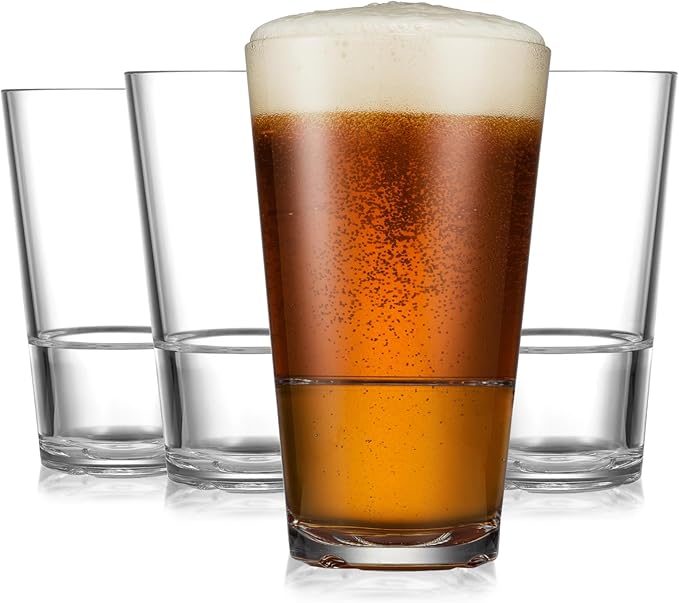 Drinique Unbreakable Caliber Pint Beer Glasses – Set of 4 | 16oz Tritan Plastic - Made in USA | 50% Recycled Content | Reusable, Dishwasher Safe, BPA-Free, Shatterproof | Everyday Use - Clear