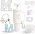 6PCS White Stanley Cup Accessories Set Fit for Stanley Cup 30oz 40oz. Including Handle Charm, Personalized Initial Sticker, Straw Topper, Sparkly Silicone Boot, Spill Proof Stopper (Letter-M)
