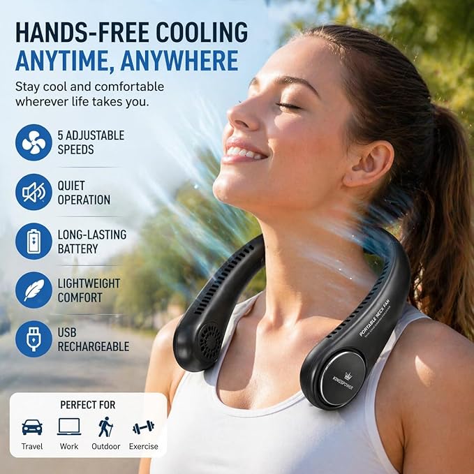 Portable Neck Fan, Bladeless Neck Fan with 5 Speeds, Hands-Free Wearable Fan, USB Rechargeable Personal Cooling Fan, Quiet Lightweight for Travel, Outdoor Use