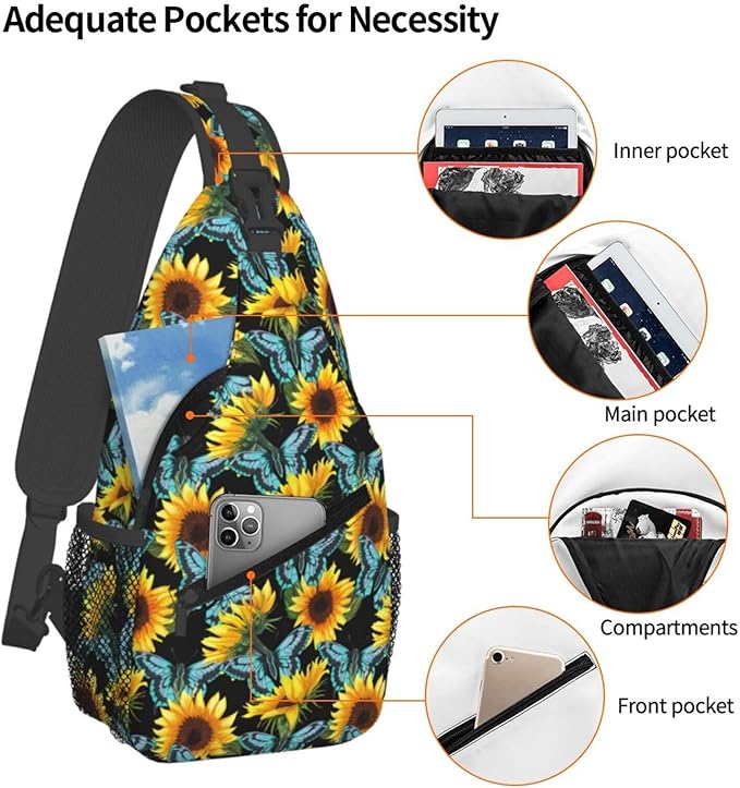 Sunflower And Blue Butterfly Sling Bag For Women Men Fashion Print Backpack Crossbody Shoulder Bag Sling Backpack Chest Bag Travel Hiking Casual Sport Daypack