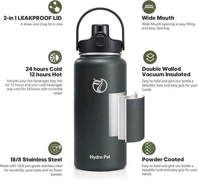 64oz Half Gallon Insulated Water Bottle with 2-in-1 Lid (Chug & Straw), Double Walled Vacuum Stainless Steel Water Bottles, Wide Mouth Leakproof Insulated Jug with Straw