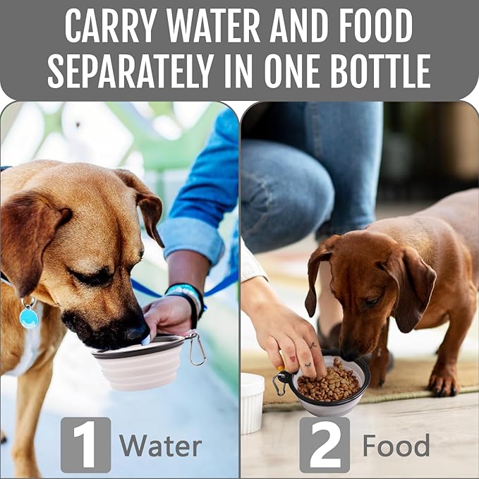 Dog Travel Water Bottle W/Collapsible Bowls - Portable 2 in 1 Leakproof Pet Water Bottle Food Container Ideal for Travel, Outdoor Portable Water Bowls for Walking, Camping & Hiking - (White)