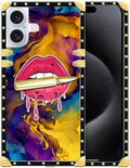 Compatible with iPhone 16 Plus Case, Cool Corlorful Lip Marble Luxury Golden Decoration for Girl Women Soft TPU Shockproof Protective Hard PC Back for iPhone 16 Plus