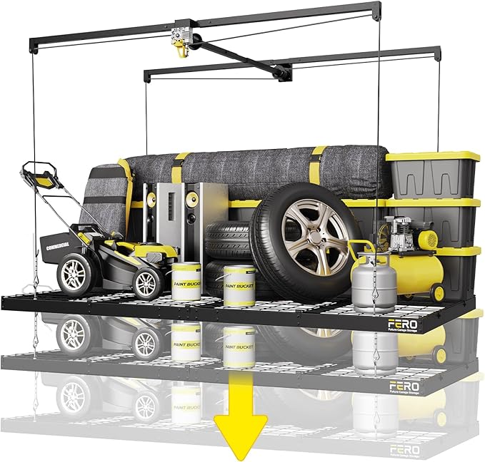FERO Overhead Garage Storage Rack, 500 lb Capacity, 4x8 FT Garage Ceiling Storage Rack with Safety Lock, Heavy-Duty Ceiling Mounted Lift System, Drop-Down Garage Ceiling Organizer