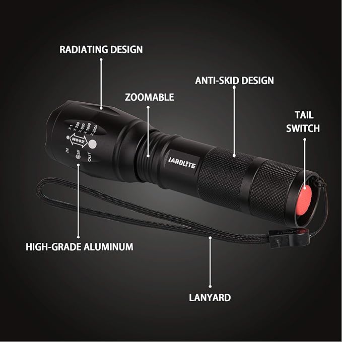 JARDLITE LED Emergency Handheld Flashlight with Adjustable Focus, Water Resistant, 5 Modes, Best Tactical Flashlight for Emergency, Camping and Fishing, 2 Pack
