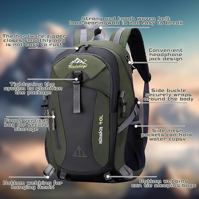 40L Hiking Backpack, Lightweight Daypack for Men Women, Polyester Rucksack, Breathable Backpack with Multi Pockets for Camping Walking Commuting Outdoor Short Trips-Green