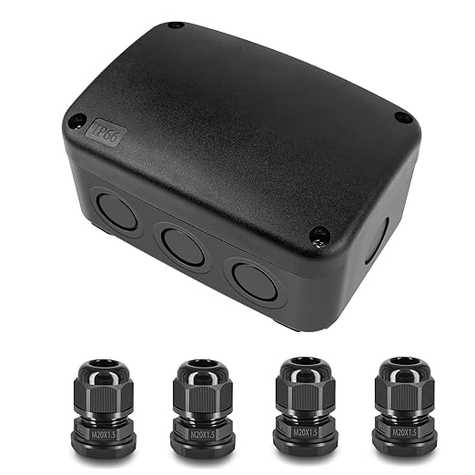 Weatherproof Junction Box,Nineleaf IP66 Waterproof Electrical Project Boxes PVC/ABS Plastic Enclosure Box CCTV Watertight 4.9 x 3.3 x 2.3 inch,Black,with 4PK 20mm Cable Gland