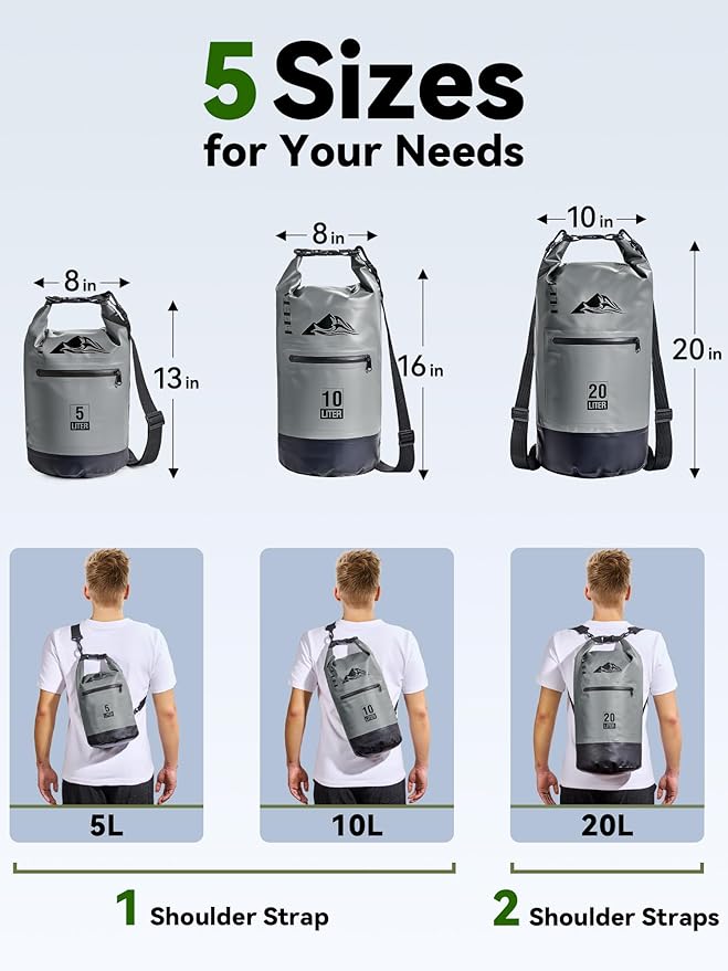 HEETA Waterproof Dry Bag with Front Zippered Pocket for Women Men, 5L/10L/20L/30L/40L Roll Top Lightweight Dry Storage Bag Backpack for Travel, Kayaking, Boating, Rafting, Camping, Hiking & Beach