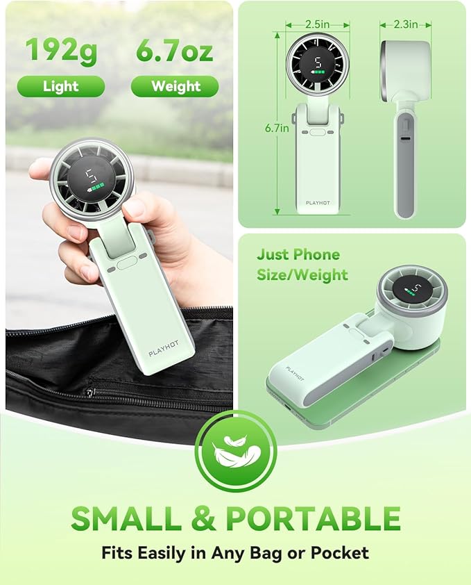 PlayHot Portable Handheld Turbo Fan, 5 Gear Wind, Battery Operated, Up to 12 Working Hours, 3 IN 1 Hand Fan with Air Turbo Tech Cooling Fans for Outdoor Activities, Travel, Beach (Green)