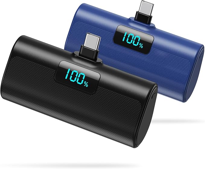 [2-Pack]Portable Charger for iPhone 17/16/15 Series,5200mAh PD USB C Power Bank Built-in USB-C Connector,Travel Battery Pack Compatible with iPhone 17/17 Pro Max/16/15 Series,Galaxy,Android-Black+Blue
