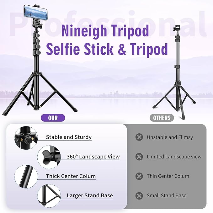 Nineigh 80" Phone Tripod, Selfie Stick Cellphone Tripod, Aluminum Tripods Stand for Video Photo Vlog, Travel Tripods with Gooseneck Remote Phone Holder, Compatible with iPhone Android Smartphone