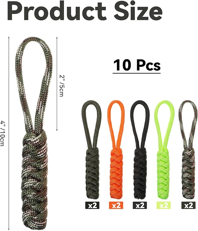 10 Pieces Paracord Zipper Pull Replacement Zipper Pulls Tab 4" Keychain Backpack Lanyards Universal Pulls Nylon Repair Slider Pull Tab Fixer for Backpacks Tents Trolley Traveling Cases Jackets
