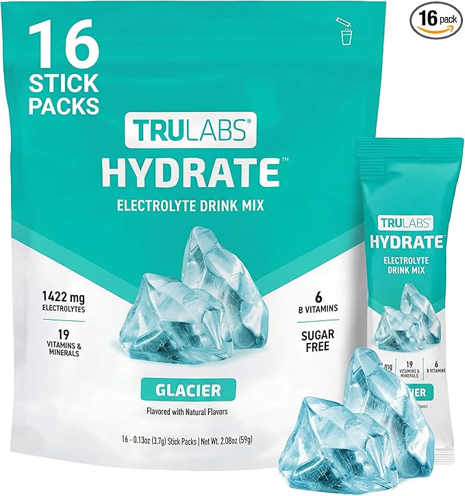 TRULABS Hydrate Electrolyte Drink Mix – Glacier Flavor, Sugar-Free Hydration Packets with 1422 mg Electrolytes & 19 Vitamins & Minerals, Monk Fruit Sweetened, On-the-Go Sticks (16 Count)