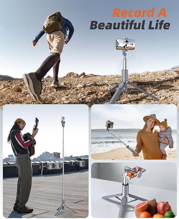Vimose Phone Tripod & Selfie Stick with Remote, Portable, Lightweight for Video Recording Vlog, Extendable Travel Tripod Stand Compatible with iPhone Android, Grey, 62"