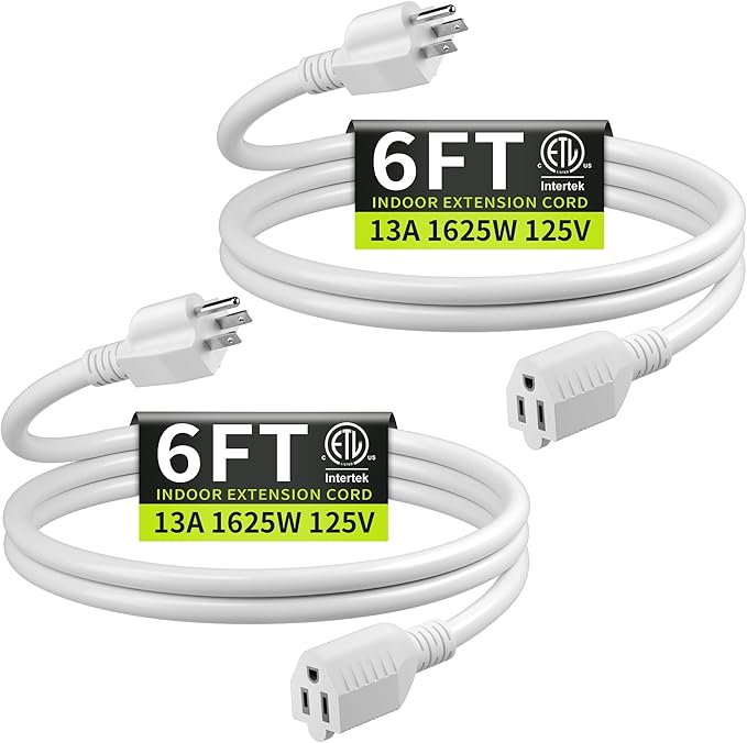 16/3 White Extension Cord 6 FT (2Pack), Indoor Extension Cord for Laptops, Coffee Makers, Office Home Appliances, 3 Prong Resistant Cable Flexible, 13A 125V 1625W ETL Listed