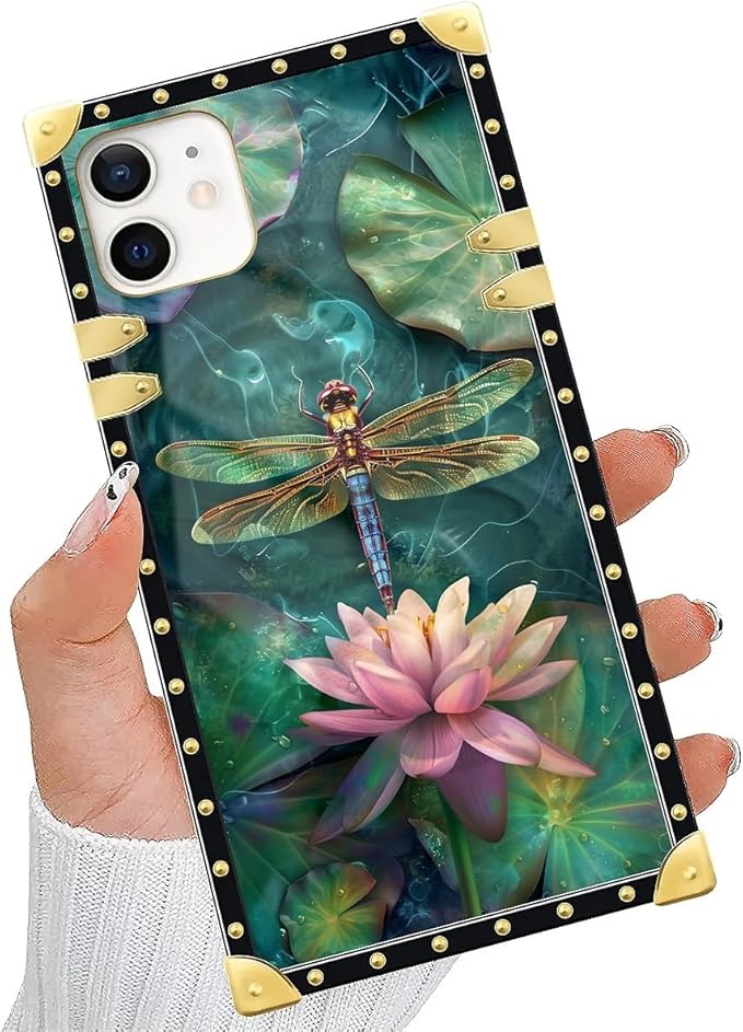 Compatible with iPhone 11 Case, Colourful Dragonfly Pink Lily Pads Luxury Golden Decoration for Girl Women Soft TPU Shockproof Protective Hard PC Back for iPhone 11