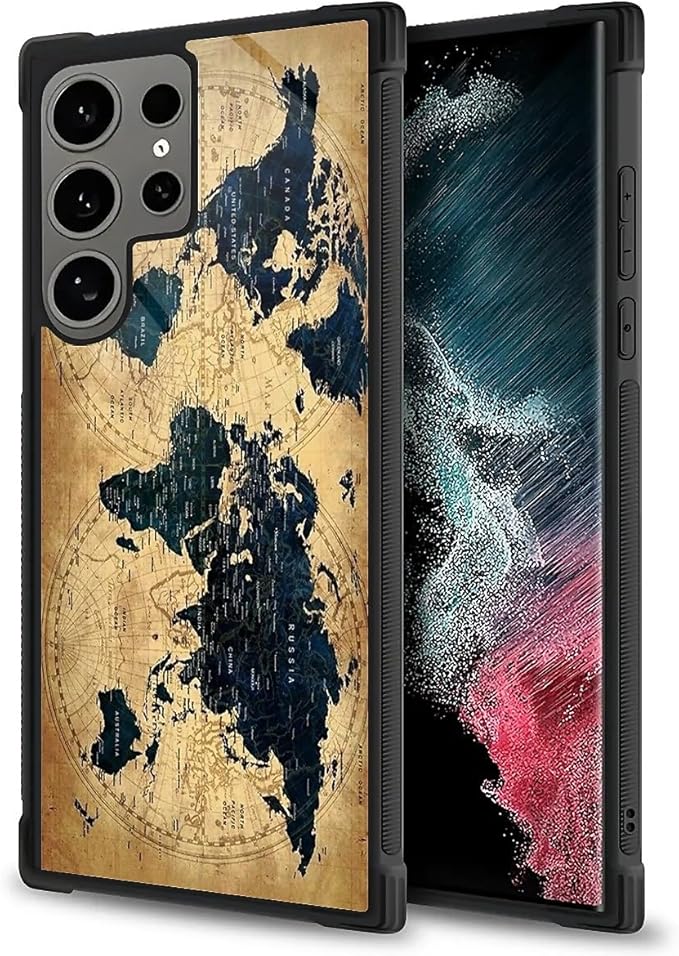 for Samsung Galaxy S24 Ultra Case, Brown World Map Pattern Graphic Design Girl Boy Soft Silicone Hard Acrylic Shock Protection for Samsung Galaxy S24 Ultra