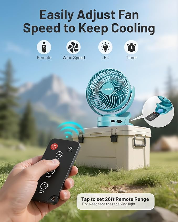 Camping Fan with Remote Control - 12000mAh Rechargeable Battery Powered Fan, Camping Fans for Tents with LED light & Hanging Hook, Rechargeable Battery Operated Ceiling Fans for Tent RV Bed, Blue