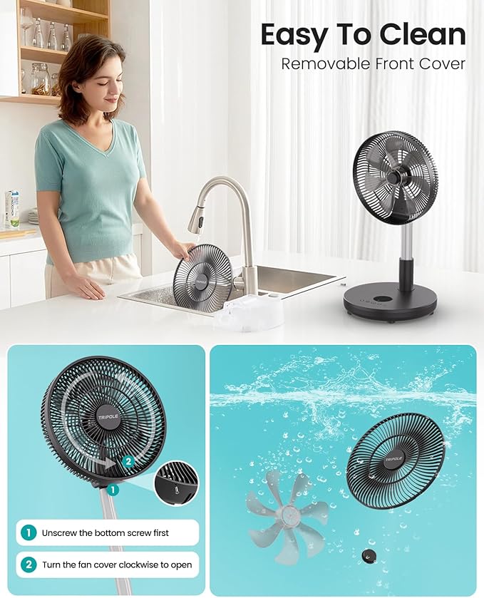 TriPole Foldable Standing Fan 12" Portable Rechargeable Battery Pedestal Fan with Remote, Timer Setting, Height Adjustable, for Home Office, 6 Speed, 12000mAh (Black)