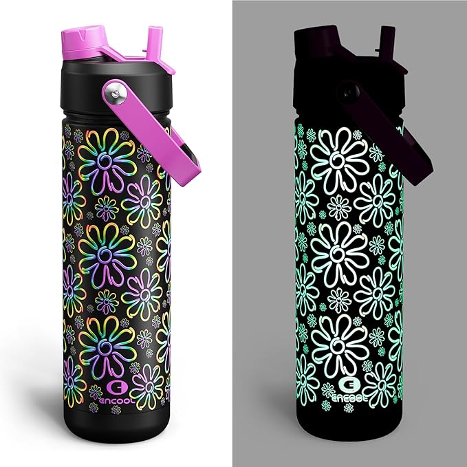ENCOOL Insulated Water Bottle with Straw Stainless Steel Water Bottle, Glow in the Dark, Leak-Proof, BPA-Free, Keeps Cold for 24 Hours for Sports, Travel, School (26 oz, Flower)