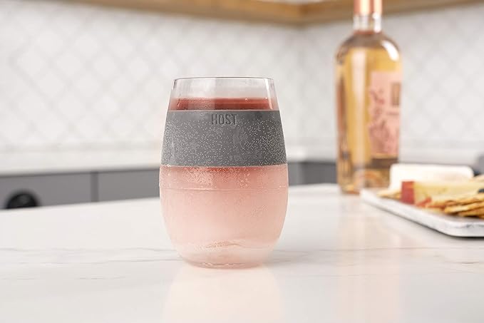Host Wine Freeze Cup Set of 2 - Plastic Double Wall Insulated Wine Cooling Freezable Drink Vacuum Cup with Freezing Gel, Wine Glasses for Red and White Wine, 8.5 oz Grey - Gift Essentials