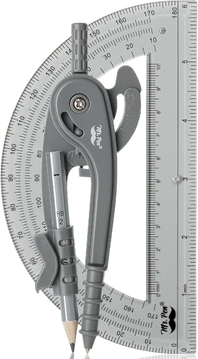 Mr. Pen- Geometry Compass and Protractor Set, 6 Inch Compass, 6 Inch Protractor, Drawing Tool for School, Clear Plastic, Easy Grip, Precision Design for Math, Art, Drafting, Architecture