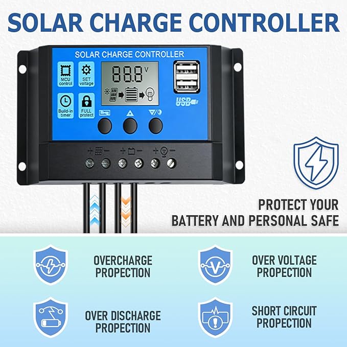 30W 12V/24V Solar Panel Kit, Monocrystalline Solar Battery Trickle Charger Maintainer +10A PWM Charge Controller + Adjustable Mount Bracket for Car, RV, Boat, Motorcycle, Off-Grid System