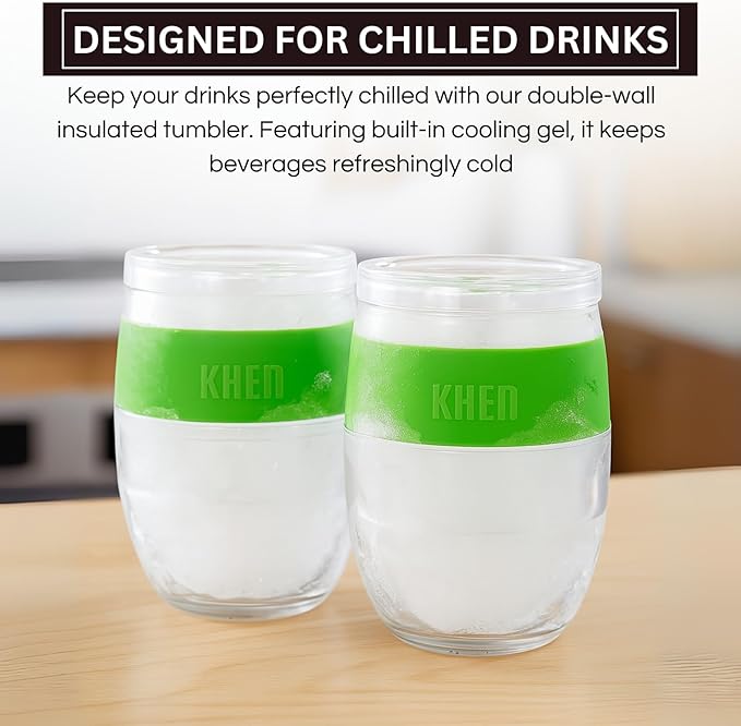 Freezable Wine Tumbler Set with Lids & Green Grip - 2 Set - 13 oz Tumblers Insulated Cooling Gel Glasses – Reusable Double Wall Stemless Cups for Keeping Drinks Cold, Outdoor Entertaining & Gifts