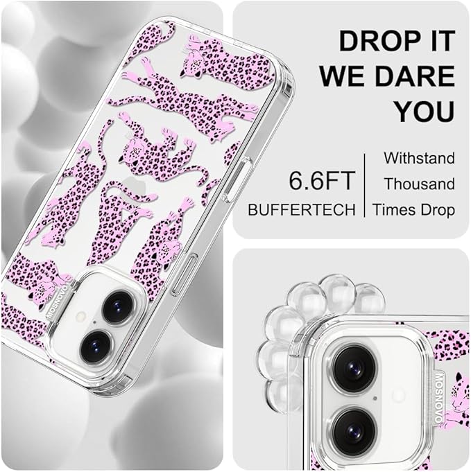 MOSNOVO for iPhone 17 Case | Military Grade 6.6ft Drop Tested | Camera Control | Clear with Pink Leopard Design