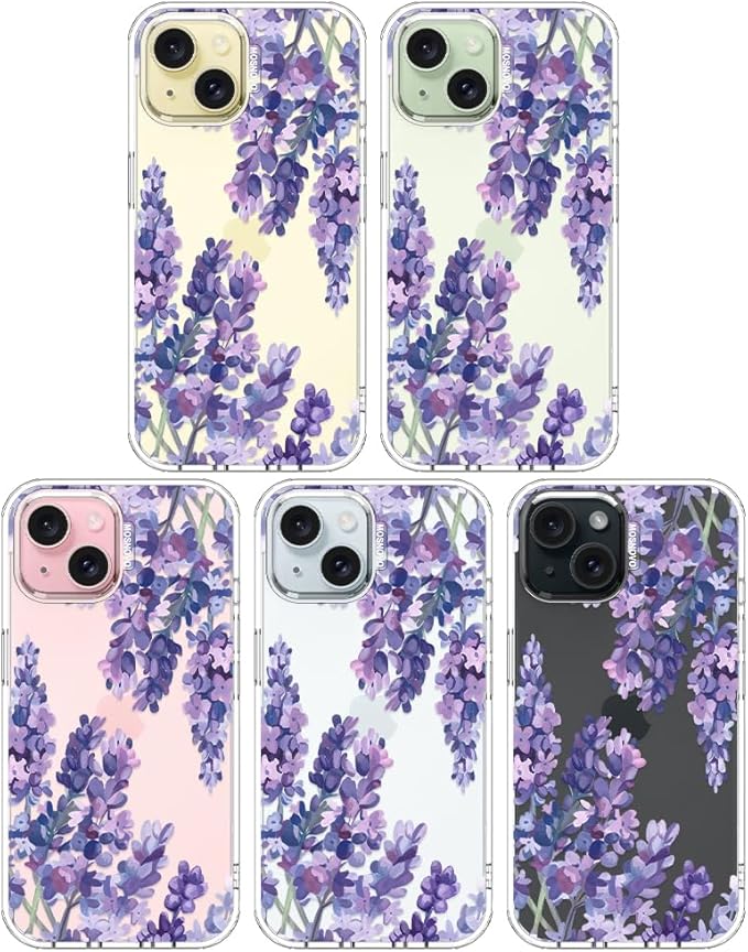 MOSNOVO Case for iPhone 15, [Buffertech 6.6ft Military-Grade Drop Protection] [Anti Peel Off Tech] Clear TPU Bumper Phone Case Cover Design - Lavender