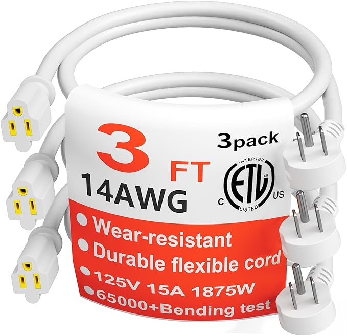 HUANCHAIN 14 Gauge 3 Feet (3 Pack) Flat Plug Extension Cord White Indoor Outdoor, Heavy Duty 3 Prong Grounded Low Profile Extension Wire Flexible, 15A 1875W 125V 14AWG SJTW, ETL Listed