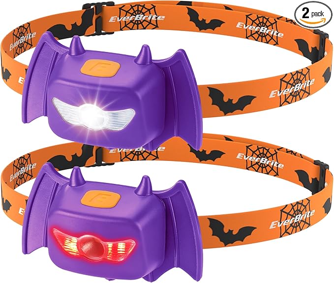 EverBrite Halloween Bat Headlamps Halloween Gifts,3 Modes Head Lamps with Warm/Red/Strobe Lights, Headlights for Halloween Party and Decorations 2 Pack