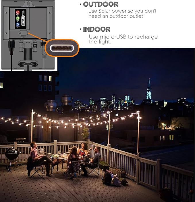 Sunlitec Solar String Lights Waterproof LED Indoor/Outdoor Hanging Umbrella Lights with 25 Bulbs - 27 Ft Patio Light for Deckyard Tents Market Cafe Gazebo Porch Party Decor (25 Light Bulb)