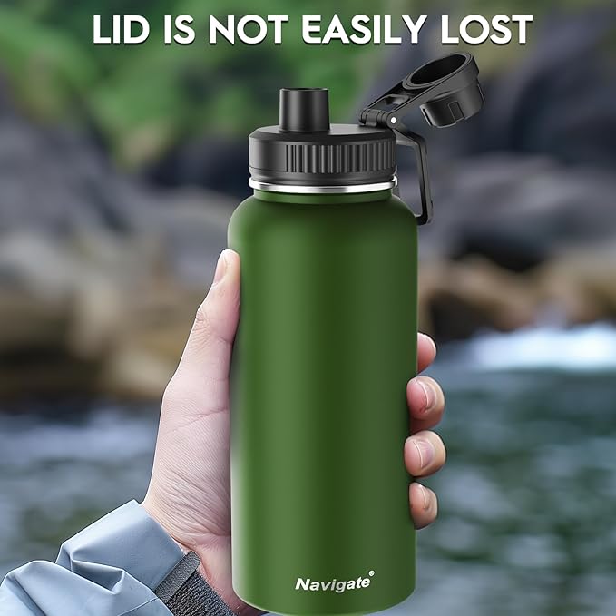 Navigate 32 oz Insulated Stainless Steel Sports Water Bottle with Spout & Handle Lids,Wide Mouth Water Jug with Double Walled Leak Proof Keep Cold for 24 Hrs Hot for 12 Hrs,Dark Green