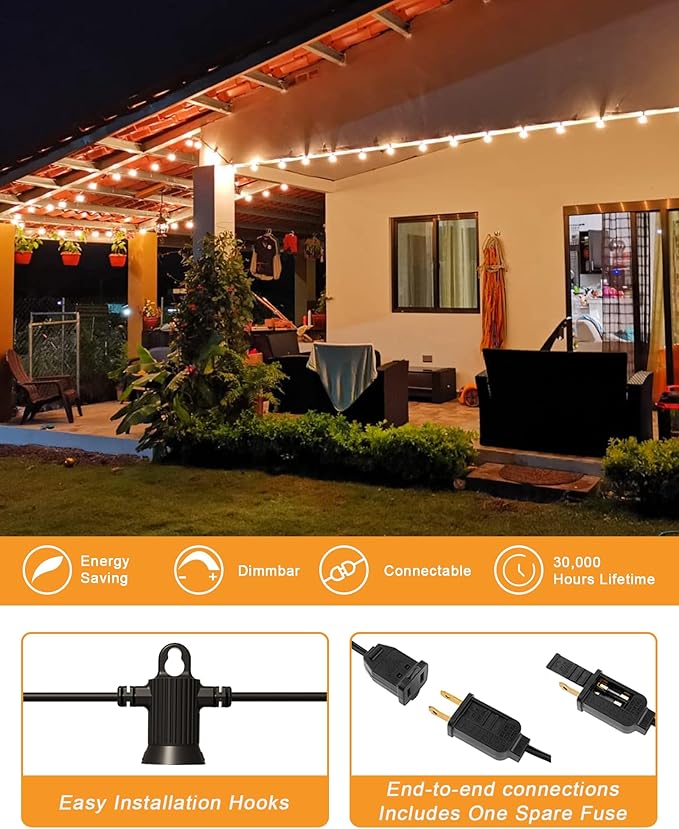 Zuske Outdoor String Lights, 25FT Patio Lights with 13 Shatterproof G40 Globe Bulb(1 Spare), Waterproof Connectable Dimmable LED Hanging String Lights for Outside Backyard Porch Balcony, 2700K