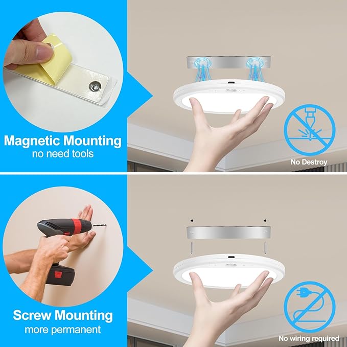 OSIDEN 2 Pack Rechargeable Motion Sensor Ceiling Light with Remote for Shower Shed Hallway Porch Stairs Garage