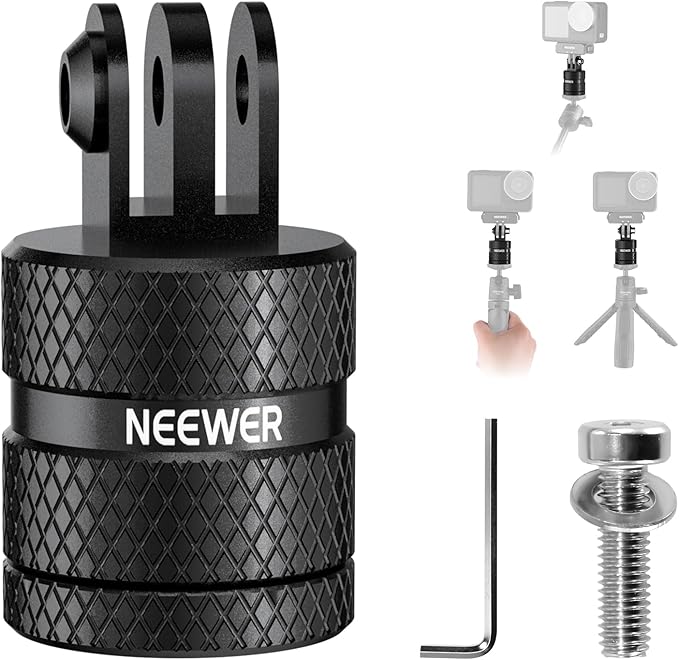NEEWER Action Camera Tripod Mount Adapter Compatible with GoPro Hero 13 Go Pro 12 11 10 9 Black DJI Osmo Action 5 Pro 4 3, 360° Swivel 1/4"-20 to 3 Prong Mount for Standard 1/4 Accessories, GP-89