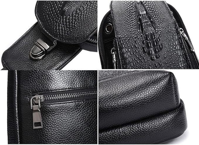 Hebetag Crocodile Genuine Leather Sling Chest Bag for Men&Women Travel Outdoor Hunting Hiking Camping Crossbody Shoulder Pack Pouch Backpack Daypack Black