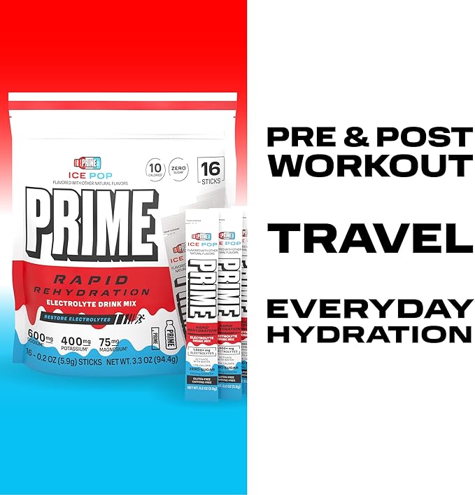 Prime Rapid Rehydration Electrolyte Powder Sticks, Ice Pop, Sugar Free Hydration Drink Mix with Sodium, Potassium, Magnesium & B Vitamins to Replenish Fluids, Caffeine Free, 16 Count