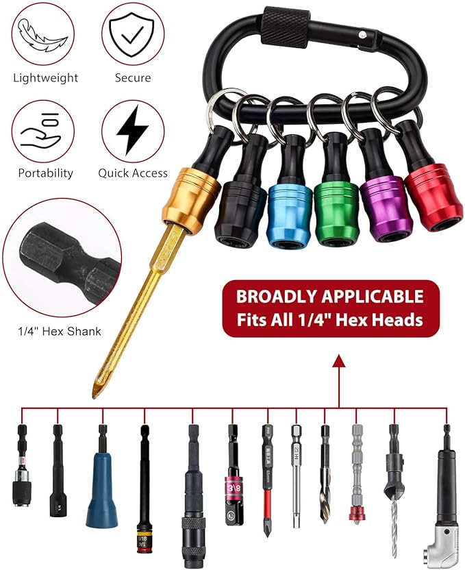 katerk 6pcs Bit Holder with Carabiner Socket for Mens Gift, 1/4 inch Hex Shank Aluminum Alloy Screwdriver Bit Holders, Quick Release Easy Change Impact Driver Drill Bit Keychain Extension (Classic)