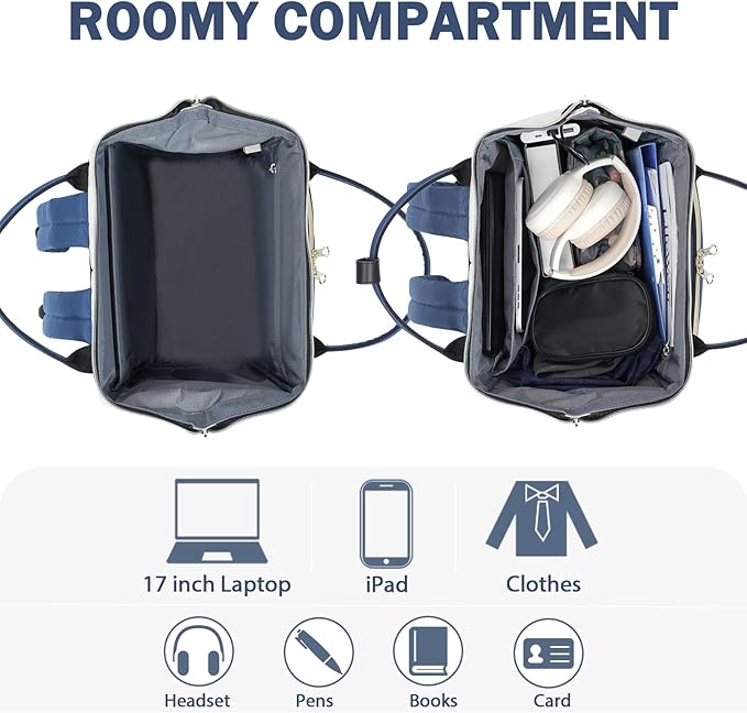 KROSER Laptop Backpack 17" Stylish Backpack Water Repellent College Casual Daypack Travel Business Work Bag for Men/Women-Beige/Haze Blue