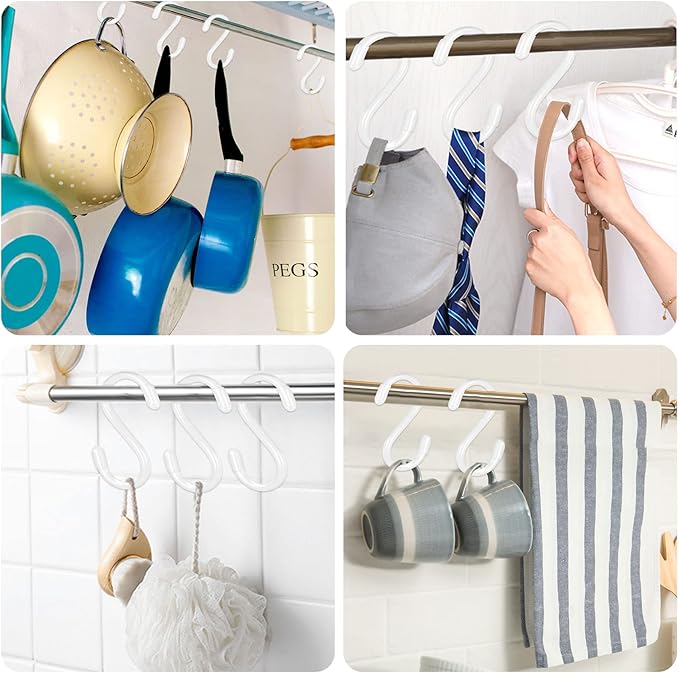 DINGEE 20 Pack Vinyl Coated S Hooks for Hanging,Heavy Duty S Hook for Hanging Plants,Non Slip 3 Inch Closet S Hooks,Steel Metal White Vinyl Coated Small Hook for Jeans Pots and Pans Coffee Cups