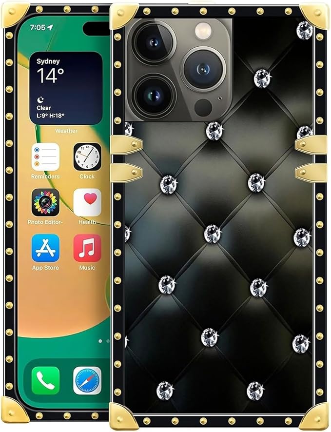 Compatible with iPhone 14 Pro Case, Shiny Black Sofa Crystal Luxury Golden Decoration for Girl Women Soft TPU Shockproof Protective Hard PC Back for iPhone 14 Pro