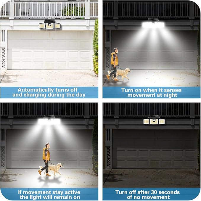 AmeriTop Solar Lights Outdoor, 2 Pack LED High Brightness Cordless Solar Motion Sensor Lights; 3 Adjustable Heads, 270° Wide Angle Illumination, IP65 Waterproof, Security LED Wall Light(Daylight)