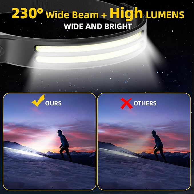 Beccason 2Pack LED Headlamp Rechargeable - 230° COB Super Bright Head Lights for Forehead, Hard hat Light for Adults, USB C Headband Flashlight for Work, Hunting, Running, Camping Essentials Gear