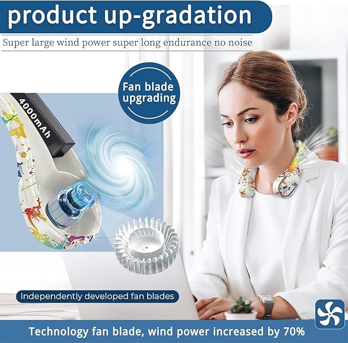 ASNUG Neck Fan, Bladeless Neck Fan, USB Rechargeable Personal Fan, 4000 mAh Battery Operated Wearable Fan, 3 Speeds Adjustable,Faster Cooling, Ultra Quiet, Suitable for Home, Office, Travel, Sports
