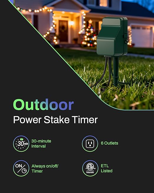 BN-LINK Outdoor Power Stake Timer Waterproof, 24-Hour Mechanical Timer with 6 Grounded Outlets, 6FT Extension Cord for Halloween/Christmas Decor Lights, ETL Listed