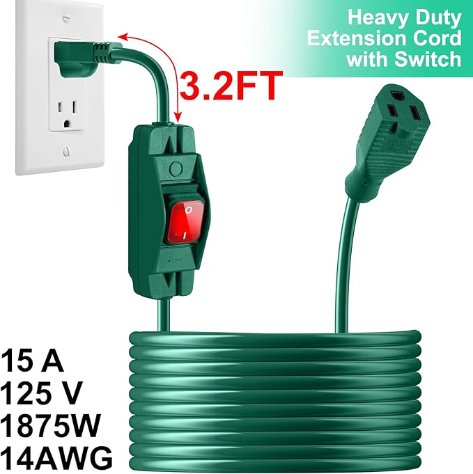 Outdoor Waterproof On/Off Switch Extension Cord, Heavy Duty 125v/250v Black SJTW Cord (25 Ft, Green)
