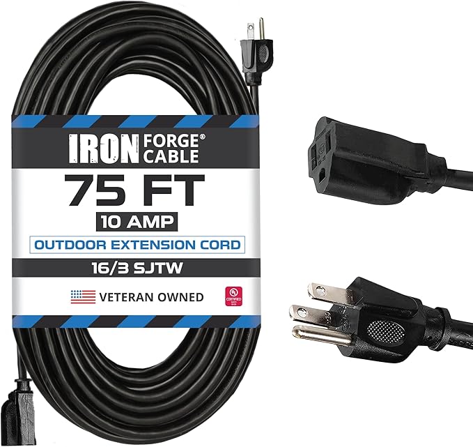 Iron Forge Cable 75 Ft Black Extension Cord, 16/3, 75 Foot Extension Cord, 3 Prong, Weatherproof - Great for Outside Use